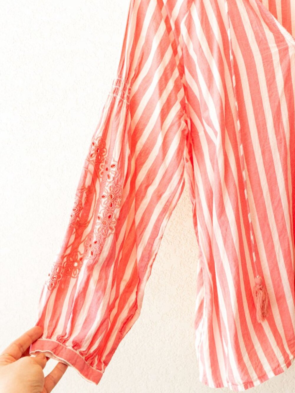 St. John's Bay XL Pink White Stripe Peasant Top Cotton Tassel Boho Embroidered - Picture 6 of 13